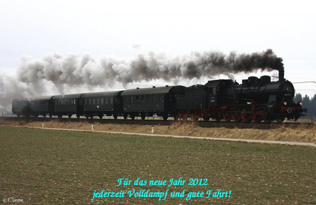 Prosit Neujahr!
GEG 657.2770 vor Sonderzug Salzburg - Attnang-Puchheim anlsslich Dampflokspektakel am Hausruck, Innviertelbahn KBS 151 Neumarkt-Kallham – Simbach, fotografiert bei Mining am 13.03.2011