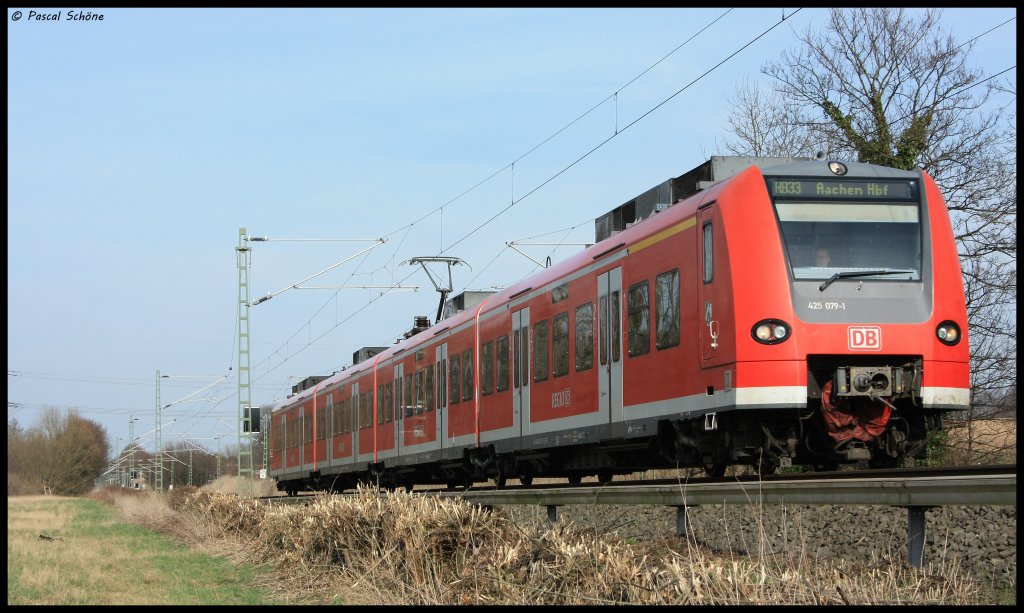 Quitschies mussten standen nat�rlich auch auf der  to fuzz liste .
Hier der 425 079 als RB33 nach Aachen Hbf.
Km 24.8 am 24.03.10 um 15:51
