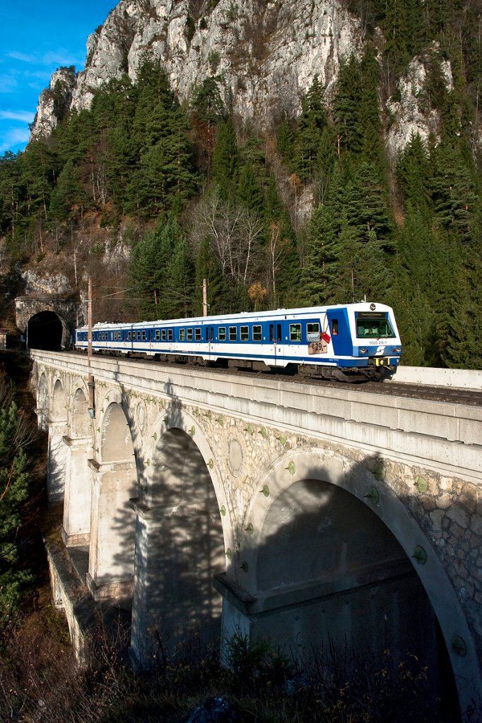R 2950 ist von M�rzzuschlag nach Payerbach-Reichenau unterwegs und �berquert soeben das 36 m hohe Krauselklause Viadukt zwischen Wolfersbergkogel und Breitenstein. Das Foto entstand am 05.11.2010.