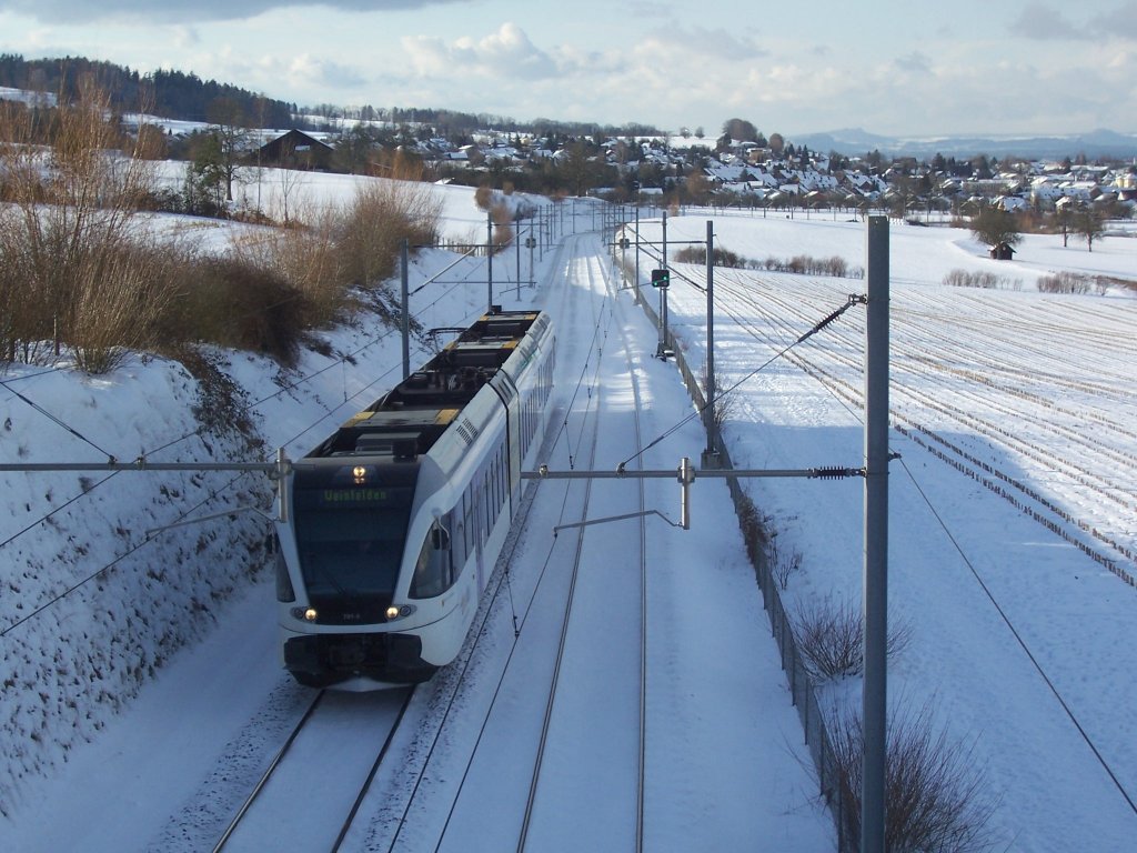 R 9843 Konstanz - Weinfelden zwischen den Stationen Tgerwilen Dorf und Kreuzlingen Bernrain am 30.01.2010 von der Brcke zu Schlossgut Girsberg aus aufgenommen.