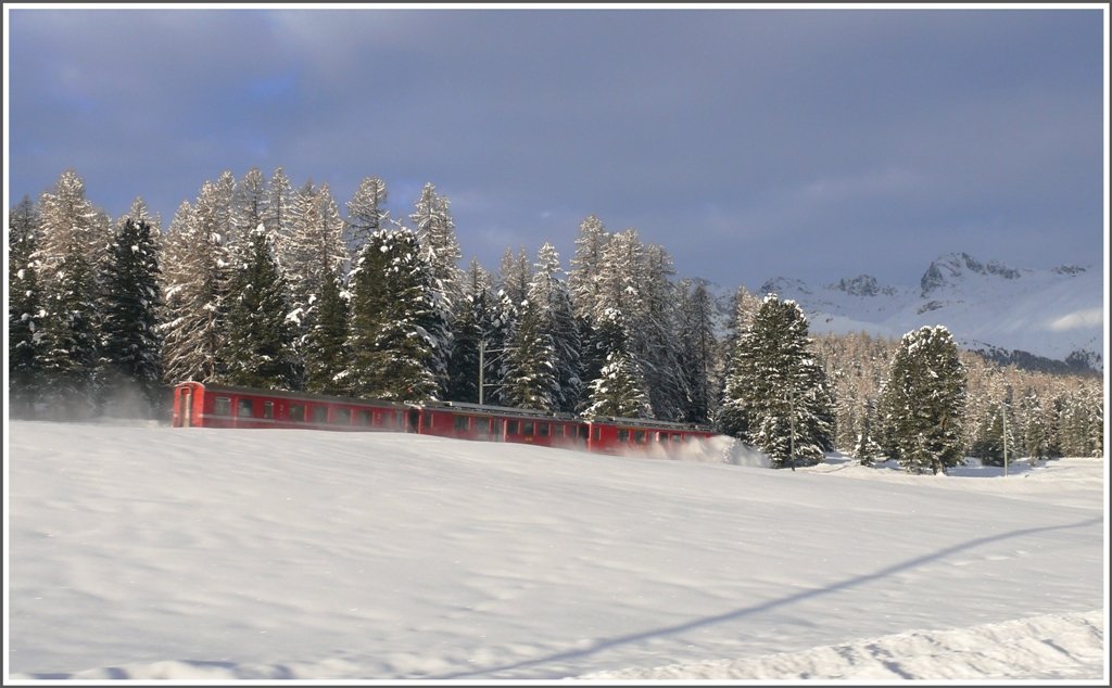 R1628 von Poschiavo nach St.Moritz pflgt sich mit einem Spurpflug durch den Stazerwald bei Pontresina. (12.01.2010)
