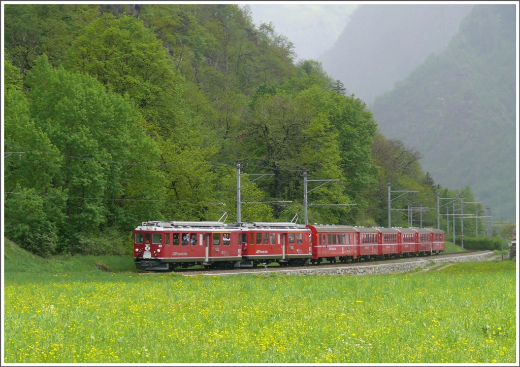 R1660 zwischen Campascio und Brusio kurz vor dem Kehrviadukt. ABe 4/4 II 41 und 42 ziehen die sechs Wagen ber die Bernina. (08.05.2010)