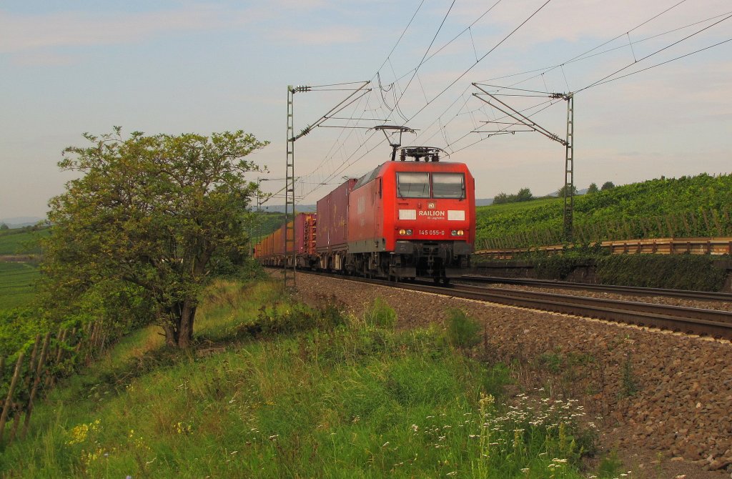 RAILION DB Logistics 145 055-0 mit Containerwagen Richtung Wiesbaden, bei Erbach (Rheingau); 02.09.2011
