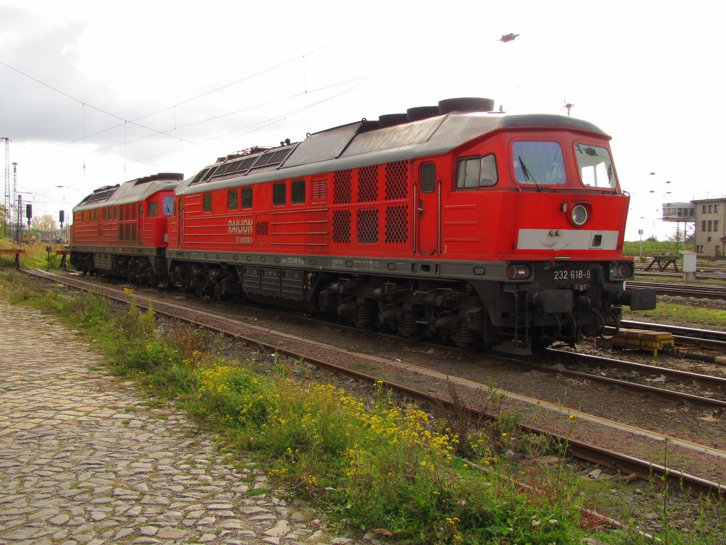 RAILION DB Logistics 232 618-9 (92 80 1232 618-9 D-DB) + DB 233 217 (92 80 1233 217-9 D-DB) in Grokorbetha Rbf; 25.10.2010