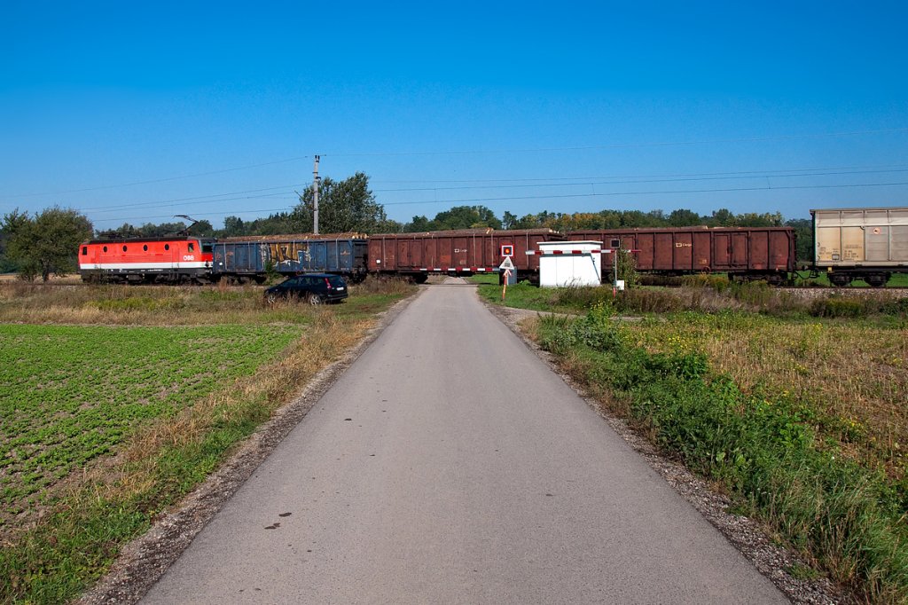 Railroad crossing: BR 1144 ist mit einem G�terzug zwischen Stockerau und Absdorf-Hippersdorf unteerwegs. Die Aufnahme enstand Anfang Oktober 2012 kurz nach Stockerau.