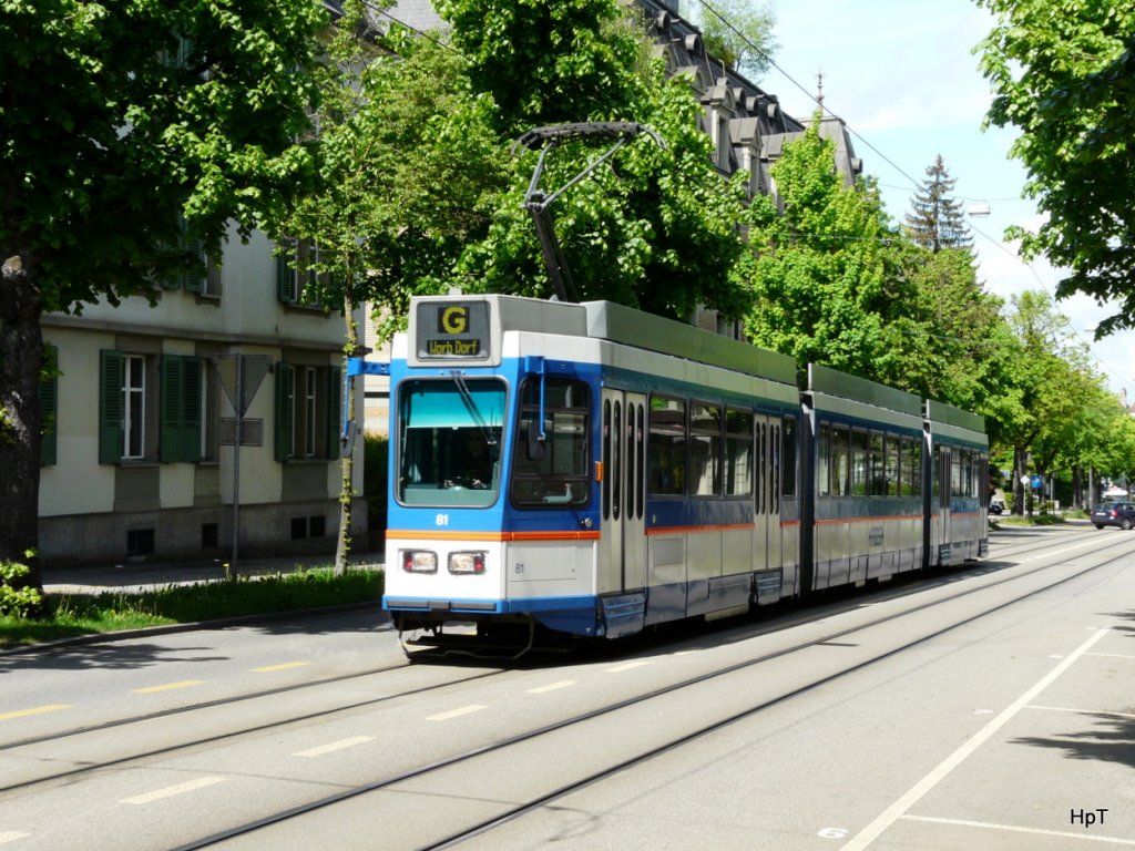 RBS - Unterwegs nach Worb auf der Linie G in der Thunstrasse Triebwagen Be 4/8 81 am 12.05.2010