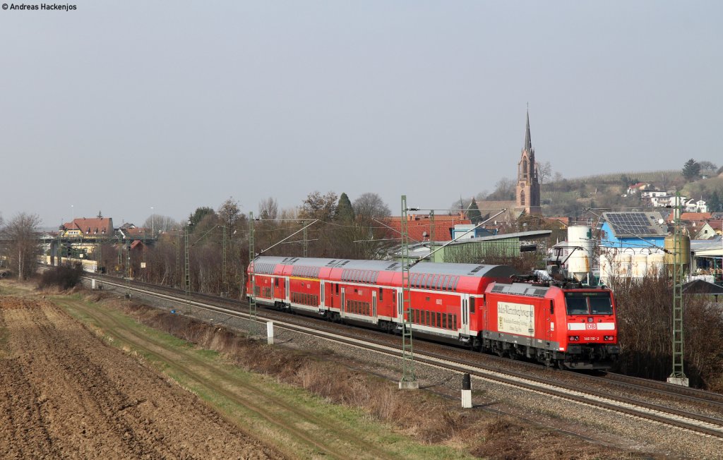 RE 26504 (Basel Bad Bf-Offenburg) mit Schublok 146 110-2  Mllheim (Baden)  bei Teningen 19.2.11