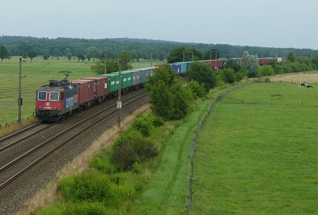 Re 421 395-5 ist mit einem Containerzug am 11.07.2012 Rammelsloh