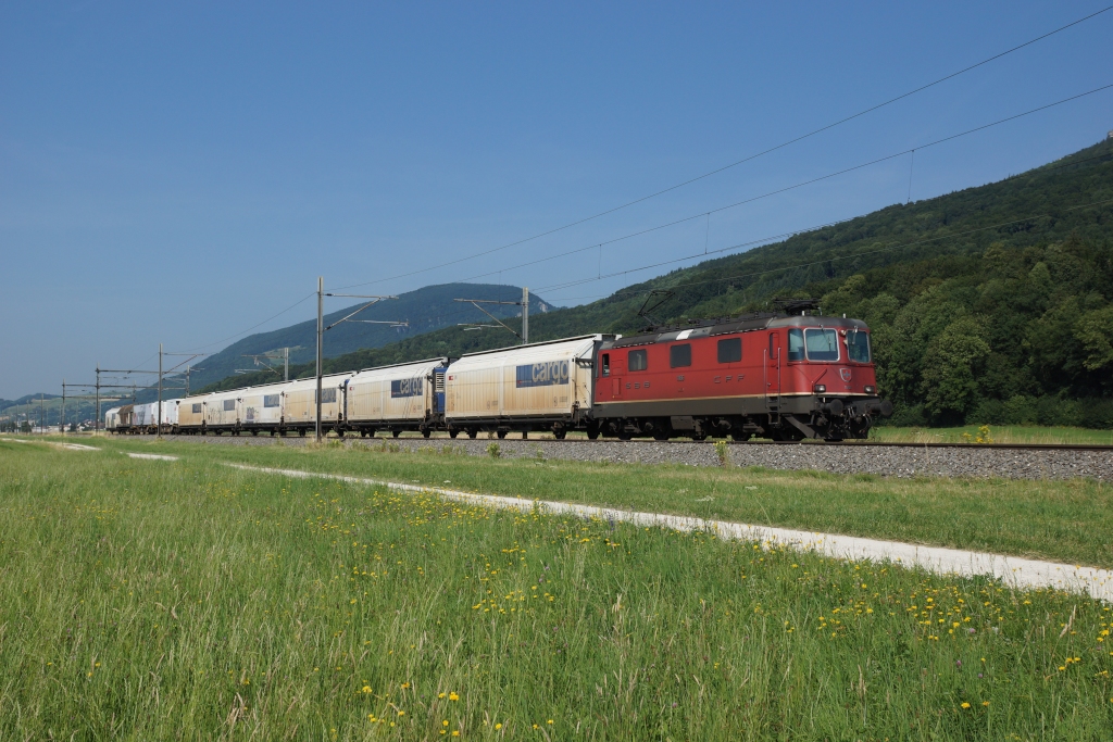 Re 4/4 II 11166 zieht am 16.07.2013 einen Gterzug von Oensingen Richtung Olten, aufgenommen bei Oberbuchsitten.