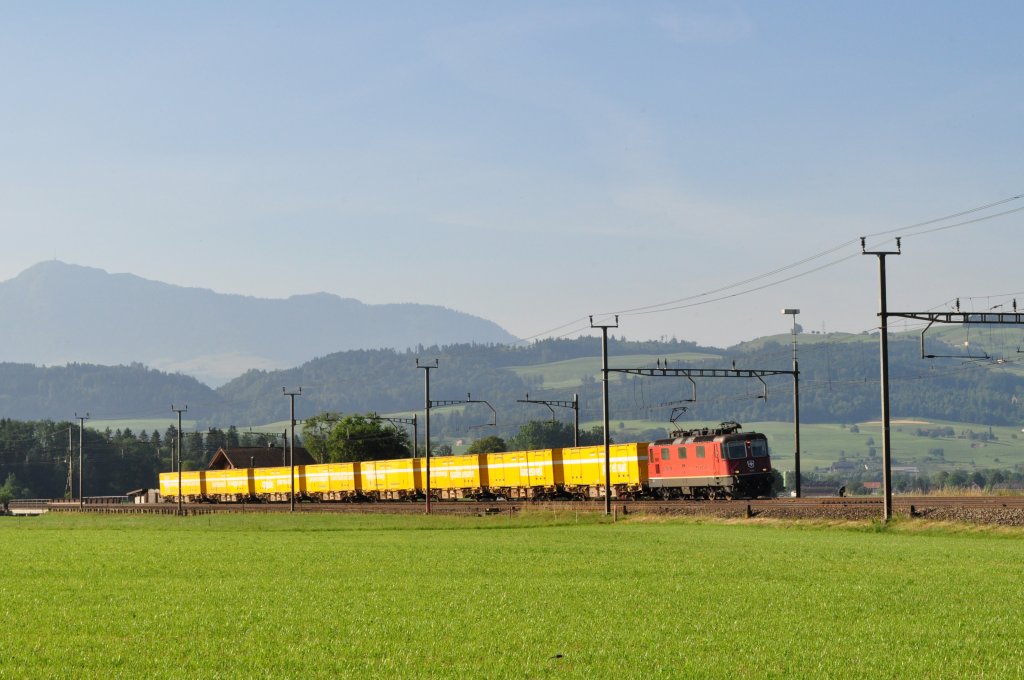 Re 4/4 II mit Postzug bei Oberrti am 07.07.2010
