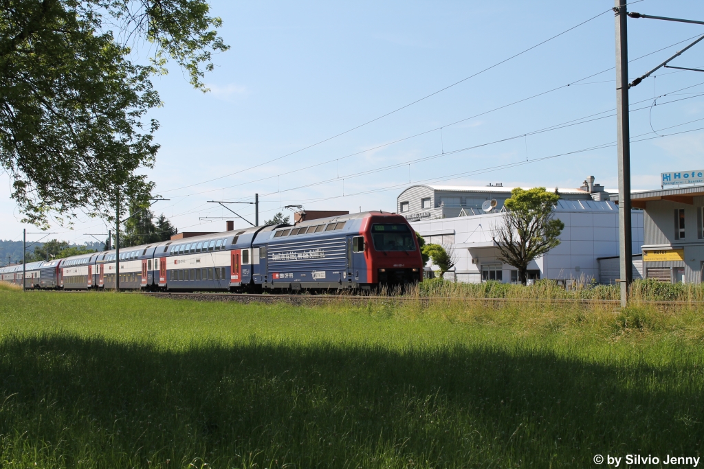 Re 450 021-1 ''Seuzach'' und 450 102 ''Wangen-Brttisellen'' am 1.7.2013 zwischen Hegi und Rterschen als S11 nach Wil. Dies ist der einzige planmssige Zug auf der Strecke Winterthur-Wil, der mit DPZ gefhrt wird.
