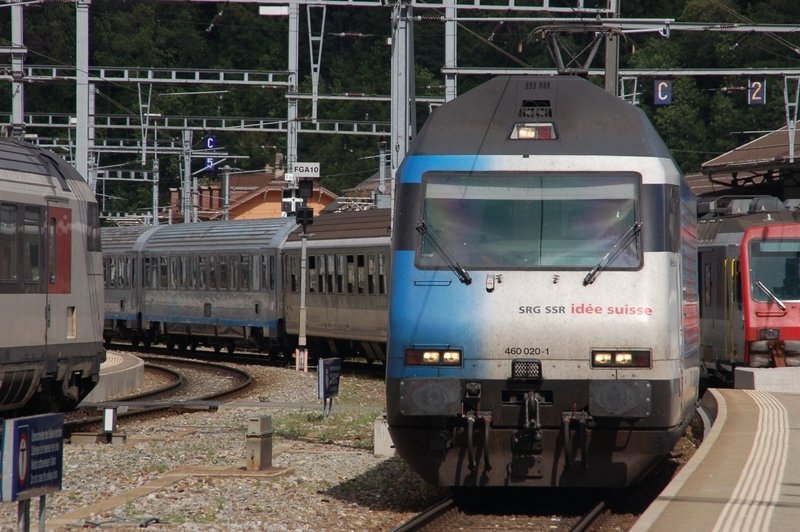 Re 460 020-1  Ide Suisse  fuhr am 18. Juli 2009 als CIS 124 aus Milano kommend den Bahnhof von Brig ein.