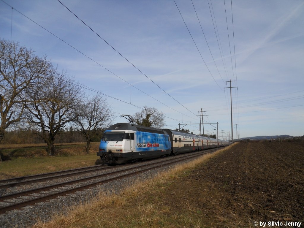 Re 460 020-1 ''ide suisse'' schiebt am 27.2.2010 zwischen Attikon und Islikon einen IC nach Romanshorn.