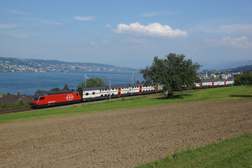 Re 460 049-0 befindet sich am 10.07.2013 hoch ber dem Zrichsee in Horgen Oberdorf.
