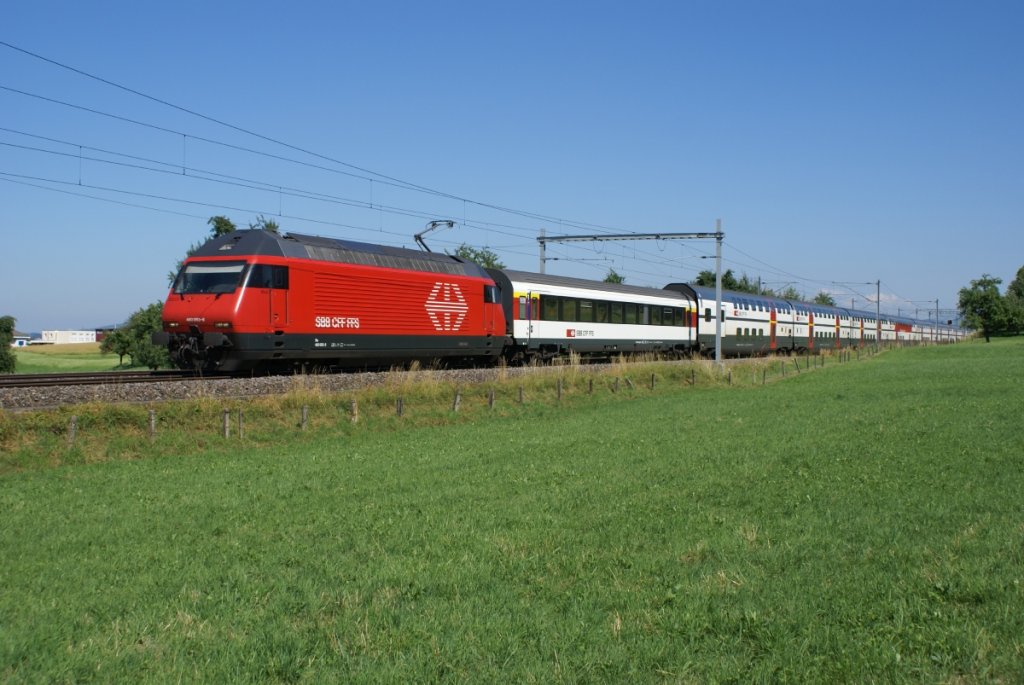 Re 460 093-8 zieht am 8.7.10 einen IC St. Gallen - Genf. Vor dem AD war noch ein A EW IV eingereiht. Das Bild entstand bei Algetshausen-Henau