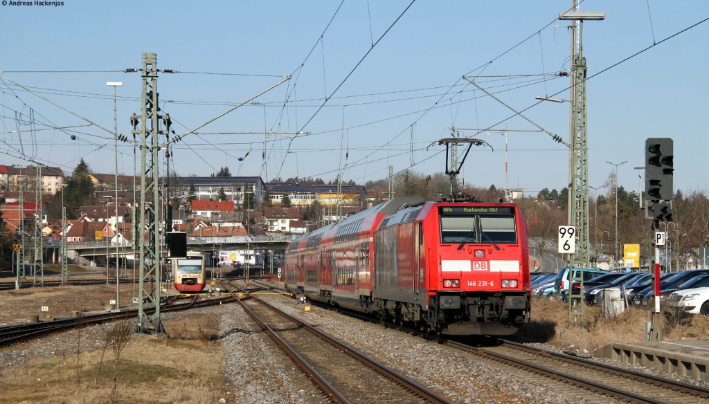 RE 4712 (Konstanz-Karlsruhe Hbf) mit Schublok 146 231-6  Triberger Wasserflle) in Donaueschingen 6.3.12