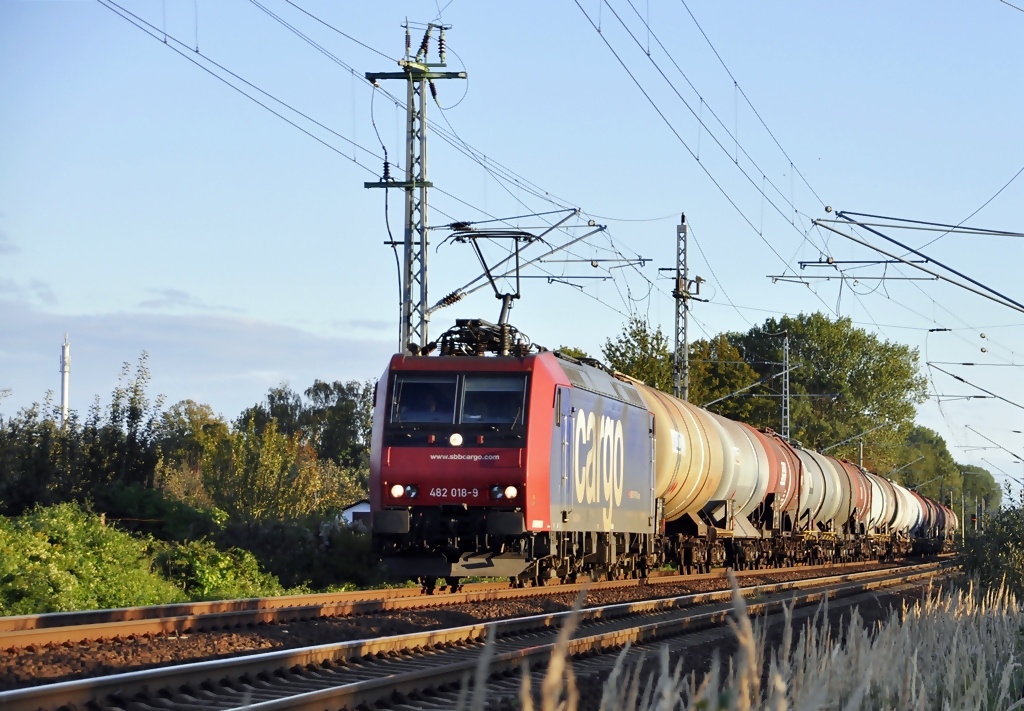 RE 482 018 kurz vor dem Abzwg. Stralsund / Srg aus Richtung Greifswald kommend am 29.09.2010