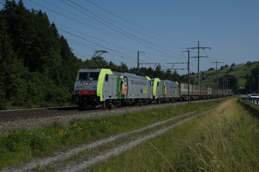 Re 486 503-6 und Re 486 501-1 befinden sich am 30.6.12 mit einem Containerzug in Mlenen.
