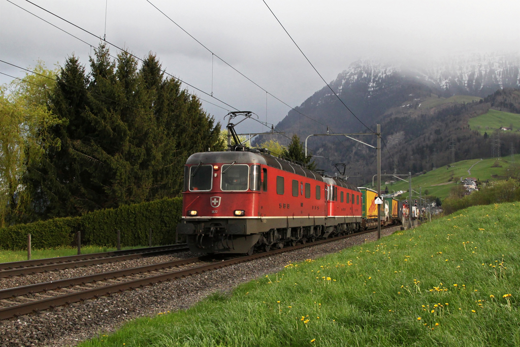 Re 6/6 11672 und 11684 mit einem KLV Zug am 24.04.2012 bei Immensee.