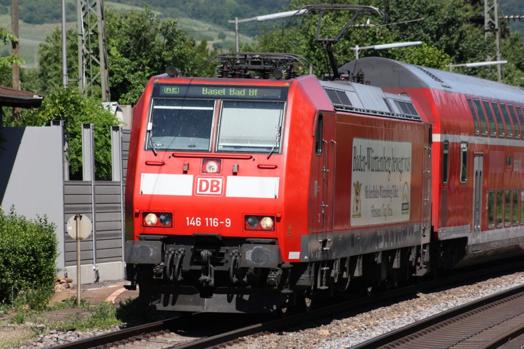 RE von Offenburg nach Basel in Schallstadt. Mit einer BR 146 116-9 