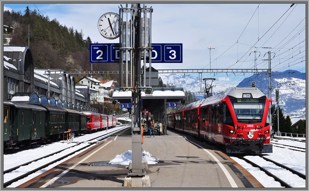 RE1133 mit ABe 8/12  Carlo Janka  nach St.Moritz in Thusis. (21.04.2013)