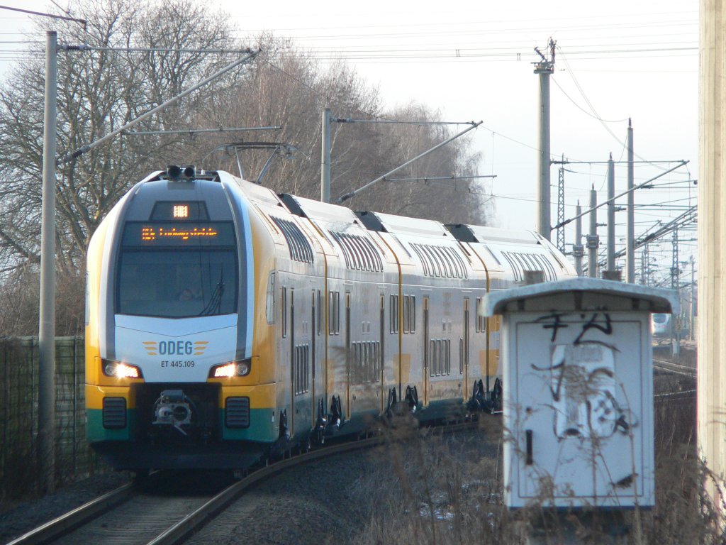 RE4 nach Ludwigsfelde fhrt ein - 445 109 der ODEG. Wustermark, 19.1.2013