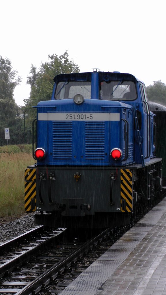  Regenportrait  von 251  901 - 5 vom 30.08.12  gegen 13:18 Uhr aus der Wartehalle des Haltepunktes Lauterbach aungenommen. Starkregen, die Lok luft am Zugschlu.