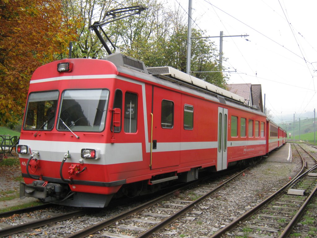 Regio 1112 mit Triebwagen Nr. 45 im Bahnhof Wasserauen. Das Bild wurde vom Bahnbergang aus gemacht, 14.10.2010.