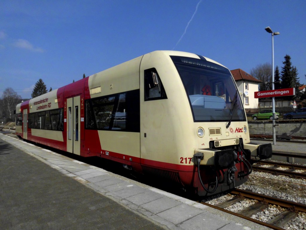 Regioshuttle 217 der Hohenzollerischen Landesbahn (HzL) am 01.04.2013 in Gammertingen.