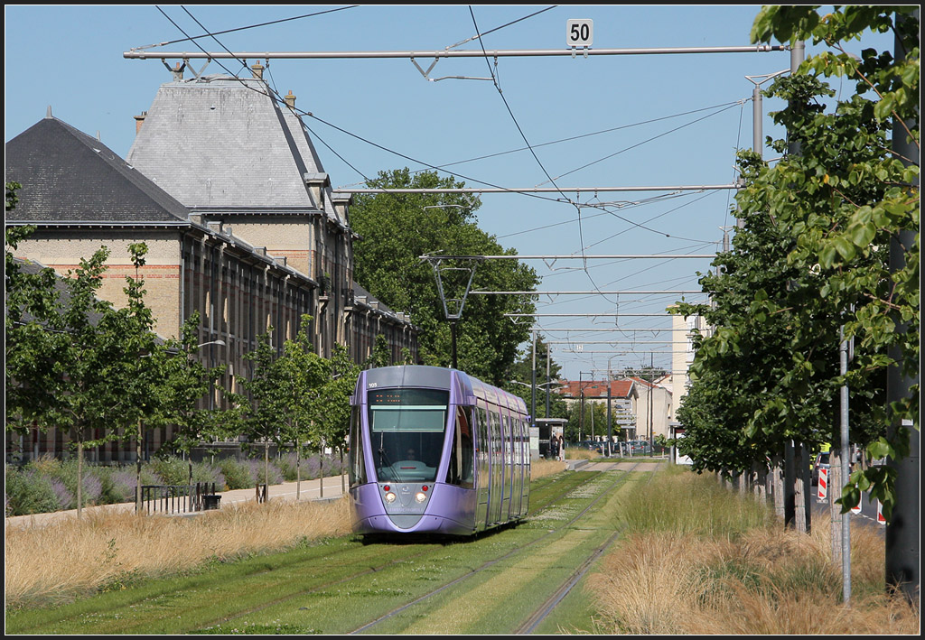 Reims, Boulevard de Belges - 

Entlang dieser Straße gab es genügend Platz für einen grüne Straßenbahntrasse. Wagen 103 in Fahrtrichtung Stadtzentrum. 

23.07.2012 (M)
