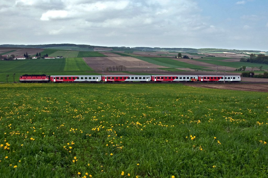 REX 1626 ist von Wien Westbahnhof nach St.Valentin unterwegs. Die Aufnahme entstand am 28.04.2013 zwischen Neulengbach und Ollersbach.