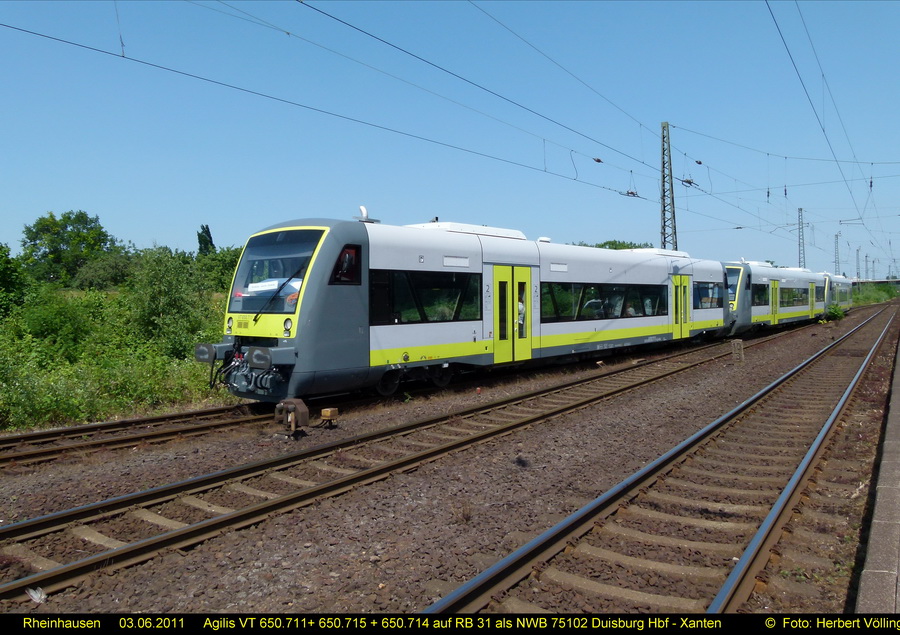 Rheinhausen - 03.06.2011 - Agilis VT 650.711+ 650.715 + 650.714 auf RB 31 als NWB 75102 Duisburg Hbf - Xanten 