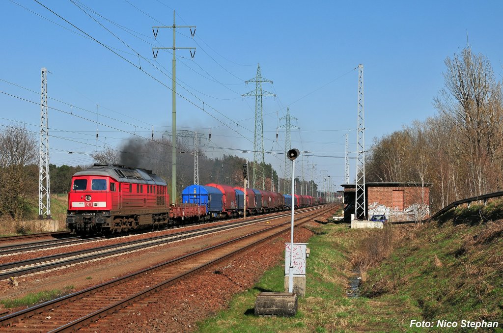 Richtige Lok vor richtigem Zug! 233 625-3 hat vor ihrem Stahlzug ordentlich zu tun,wie man an der Rauchfahne unschwer erkennen kann (Diedersdorf 07.04.10)