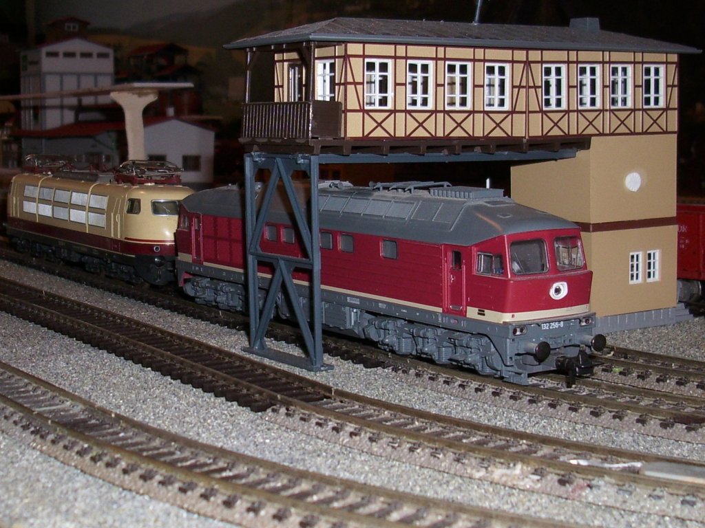 Roco`s 132 256 und Fleischmann`s 103 118 unterqueren auf meiner neuen Anlage das Brckenstellwerk von Auhagen.
Noch gibt es keine Ausfahrsignale.Bis jetzt kann ich mich noch nicht entscheiden Form-oder Lichtsignale.