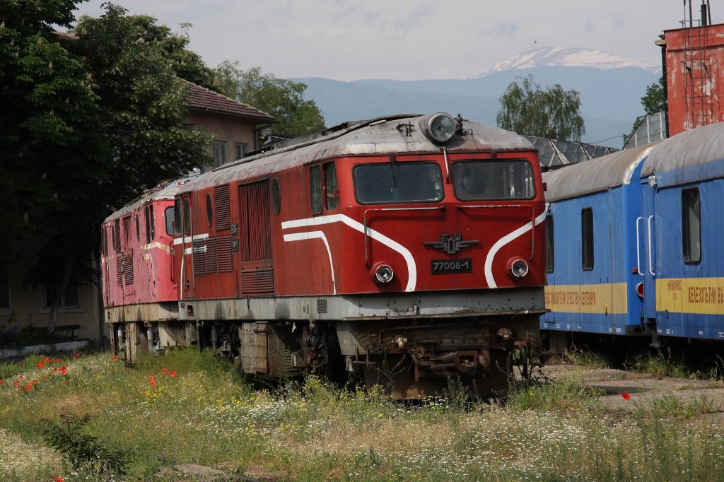 Rodophenbahn am 8.5.2013
Lok 77008 steht mit einer Schwestermaschine vor dem Lokschuppen 
im Depot Septemvri.