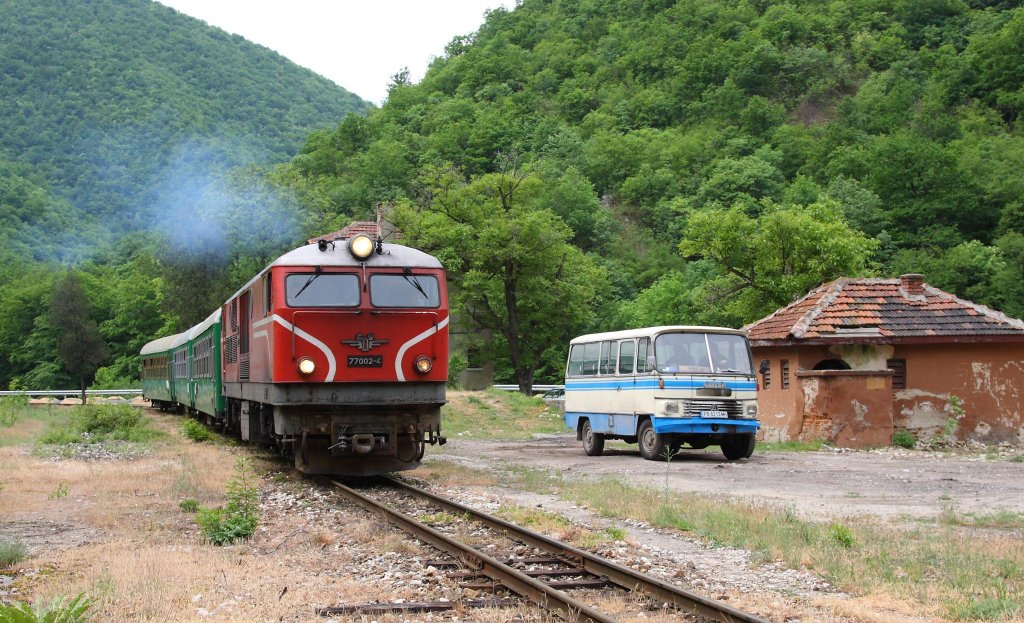 Rodophenbahn in Bulgarien am 9.5.2013. Whrend ein alter Schawschar Bus
auf Gleisbauarbeiter wartet, fhrt die Schmalspur Lok 77002 mit einem Personen
Zug in Richtung Septemvri vorbei.