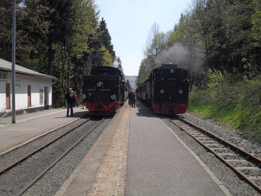 Roll-Outveranstaltung fr die neue Lok 20. Im anschluss fand eine Sonderfahrt mit Lok 20 der Mansfelder Bergwerksbahn auf der Fichtelbergbahn statt. Hier wird unser Sonderzug von einem Regelzug in Niederschlag berholt. Auch hier wurde das Bild vom Inselbahnsteig aufgenommen. (06.05.2011)