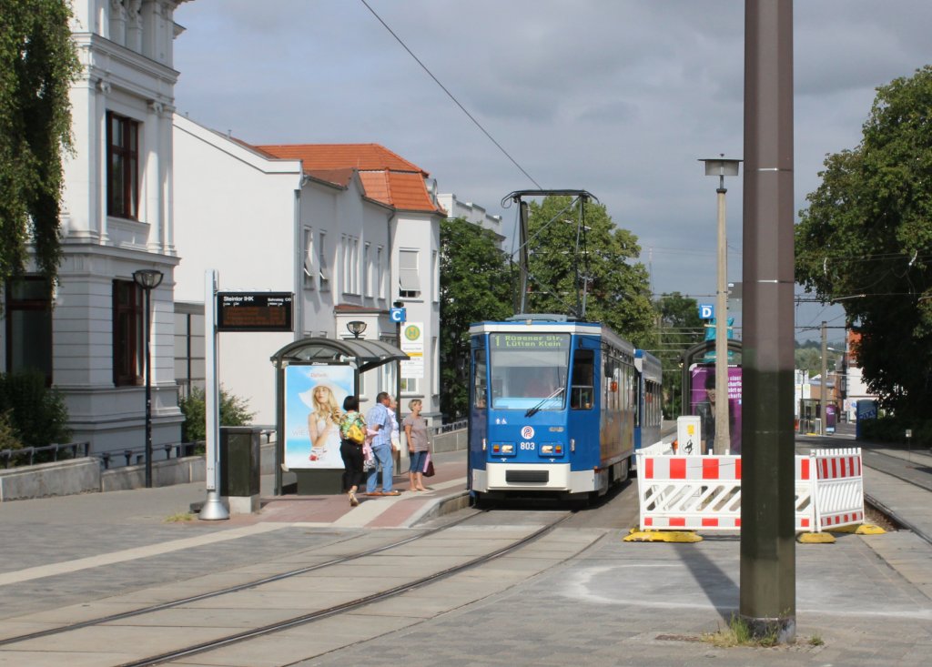 Rostock RSAG SL 1 (T6A2M 803) Ernst-Barlach-Strasse (Haltestelle Steintor-IHK. Bahnsteig C) am 19. Juli 2013.