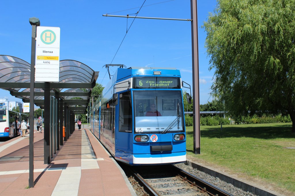 Rostock RSAG SL 6 (Dwag/DWA-6NGTWDE 659) Sdstadt, Sdring, Endstelle Mensa (Ausstieg) am 16. Juli 2013. 
