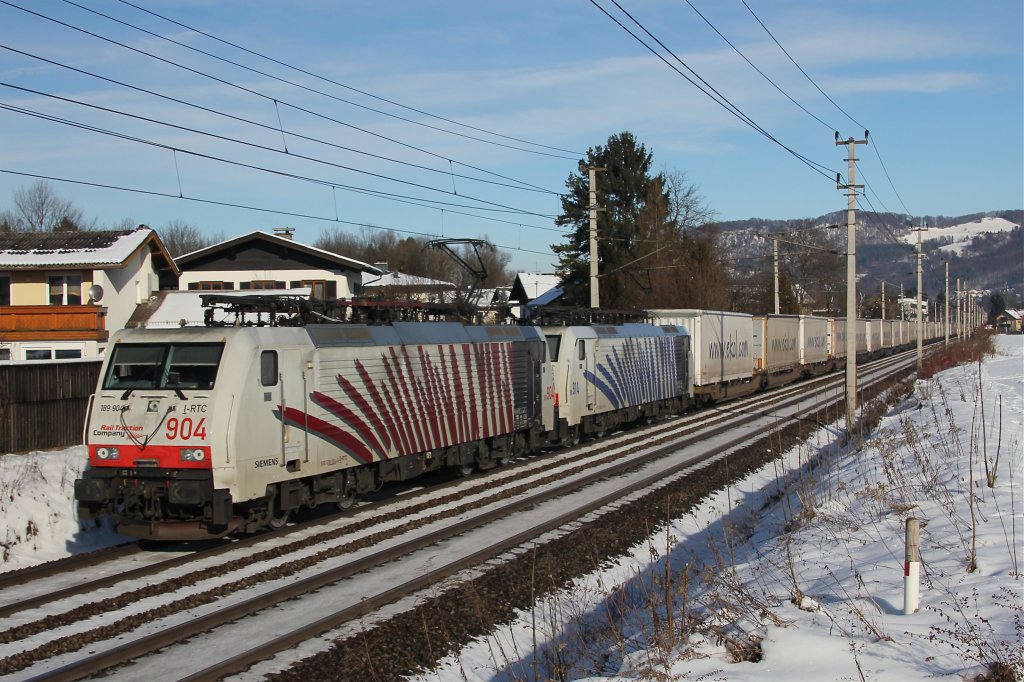 RTC 189 904 und 189 914 mit KLV  Ekol  Zug bei Salzburg-Sd Richtung Bischofshofen am 23.01.2013