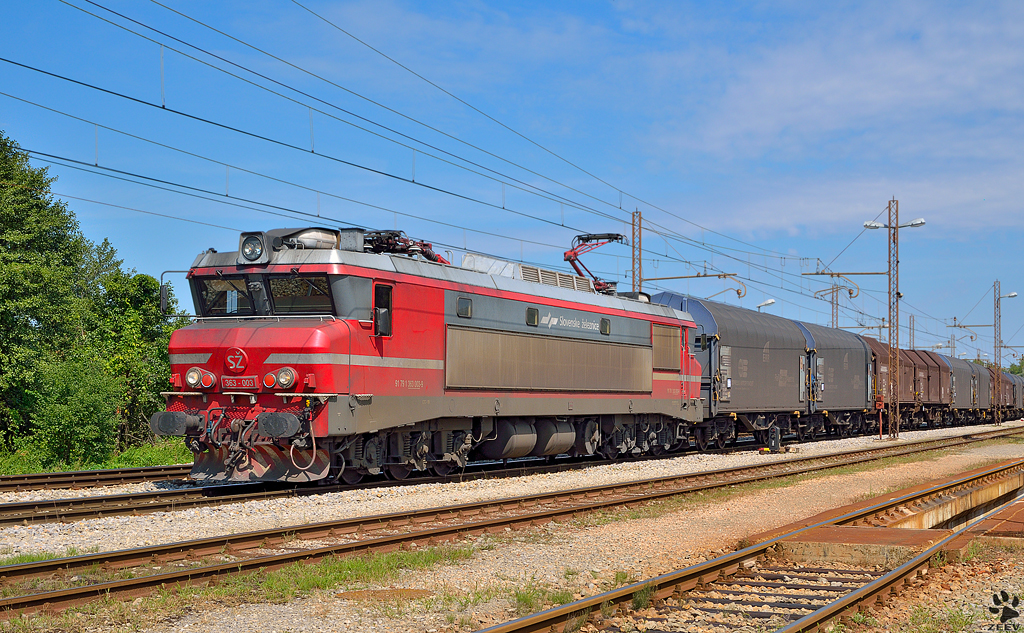 S 363-003 zieht Gterzug durch Pragersko Richtung Sden. /29.8.2012