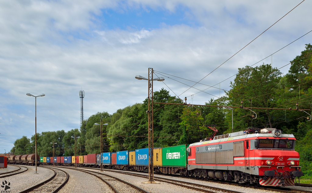 S 363-004 mit Containerzug bei der Einfahrt in der Pragersko. /7.8.2012