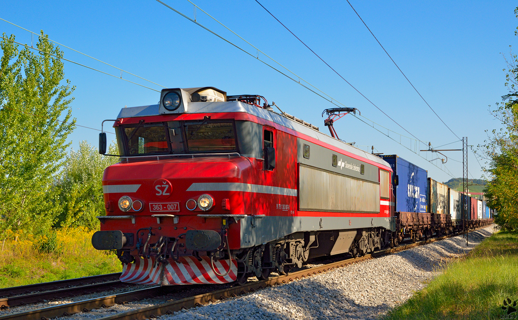 S 363-007 zieht Containerzug durch Maribor-Tabor Richtung Hafen Koper. /25.8.2012