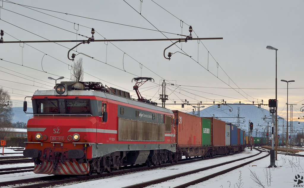 S 363-015 mit Containerzug aus Hafen Koper fhrt in Bahnhof Pragersko ein. /29.1.2013