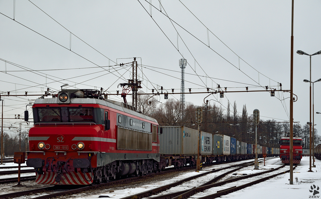 S 363-015 mit Containerzug wartet in Pragersko fr Weiterfahrt Richtung Hafen Koper. /29.1.2013