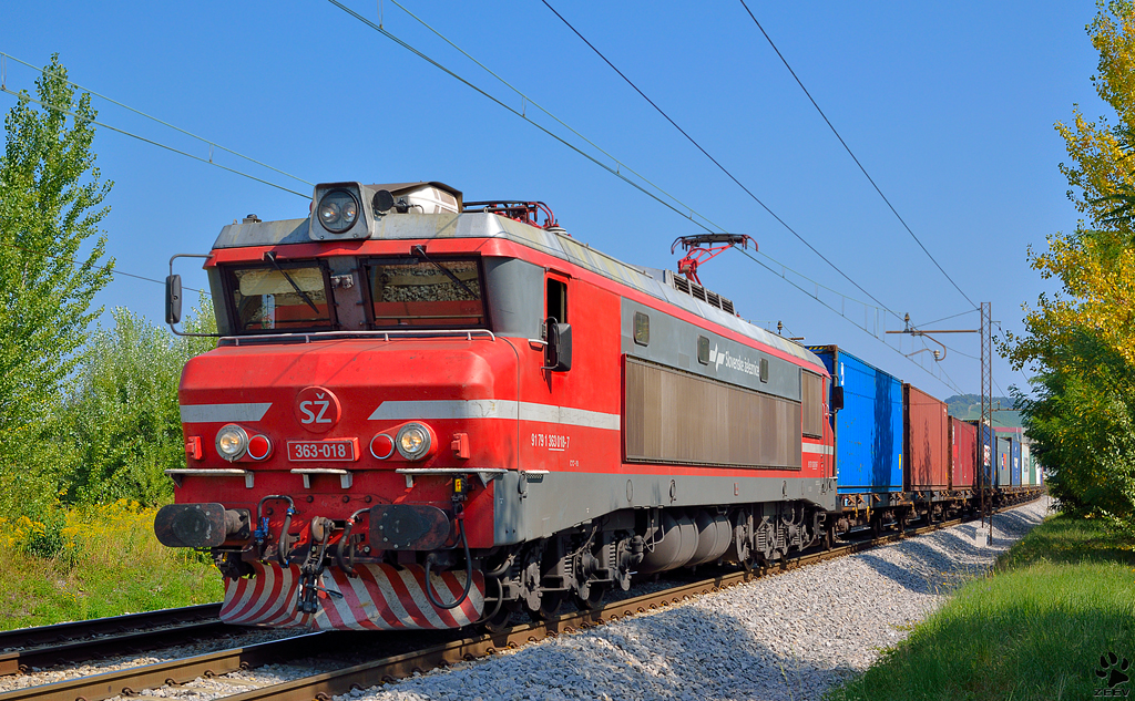 S 363-018 zieht Containerzug durch Maribor-Tabor Richtung Hafen Koper. /18.8.2012