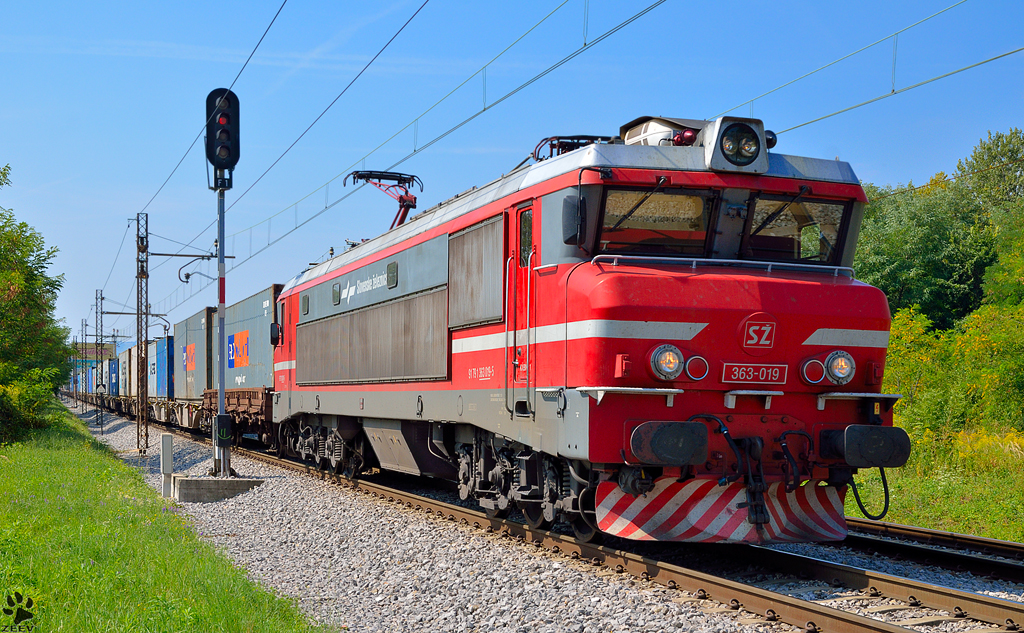 S 363-019 zieht Containerzug durch Maribor-Tabor Richtung Norden. /18.8.2012