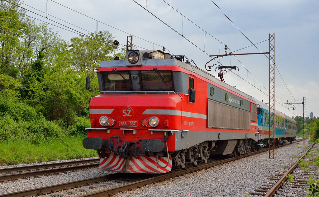 S 363-037 zieht Personenzug durch Maribor-Tabor Richtung Maribor Hauptbahnhof. / 4.5.2012