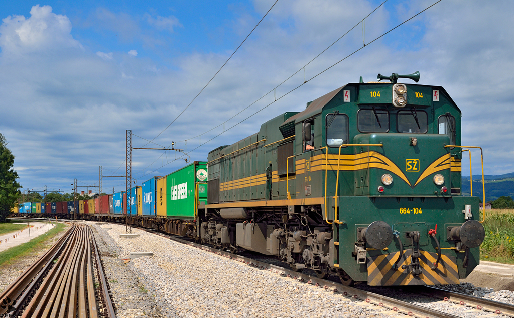 S 664-104 mit Containerzug verliest Pragersko Richtung Hodo. / 7.8.2012