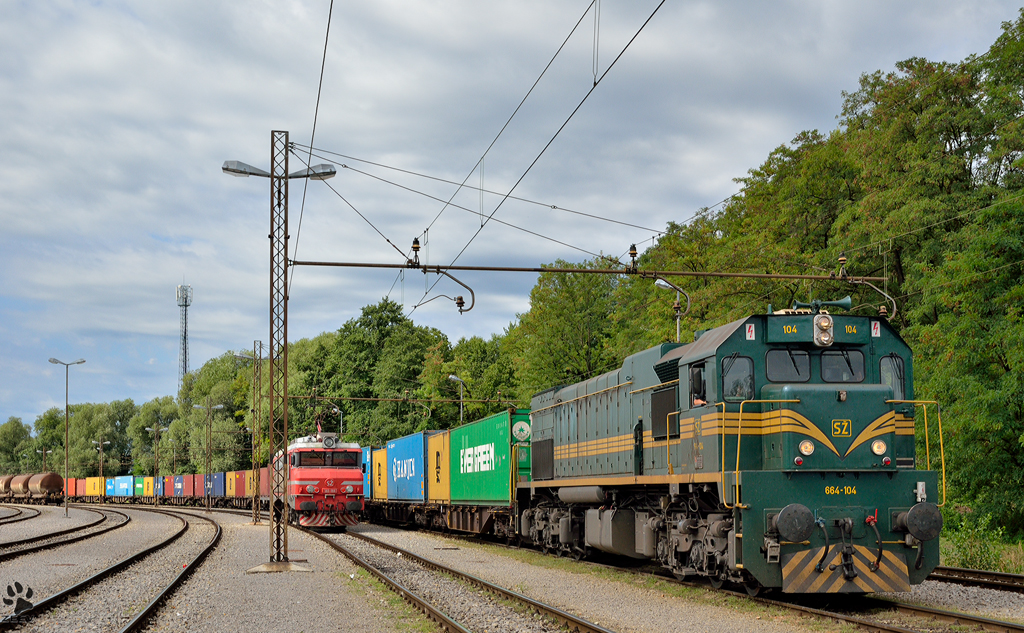 S 664-104 mit Containerzug wartet in Pragersko nach Lokwechseln fr Weiterfahrt Richtung Hodo. /7.8.2012